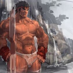 1boy 2d abs big_pecs black_hair dark_hair headband male_only muscular_arms muscular_male muscular_thighs penis see-through see-through_clothing see-through_underwear short_hair sideburns solo solo_male spiky_hair thick_arms thick_thighs underwear waterfall wet wet_clothes wet_skin