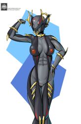 athletic_female black_body faceless female flexing fours_(artist) genitals hand_on_hip hi_res humanoid muscular muscular_female nipples orange_nipples orange_pussy pussy robot robot_girl solo valkyr_(warframe) valkyr_prime_(warframe) video_games warframe