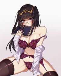 1girls ass ass_visible_through_thighs bangs bare_shoulders bare_thighs bespectacled black_hair blunt_bangs blush book bra breasts brown_stockings circlet cleavage crystalsugarstars female female_only fire_emblem fire_emblem_awakening garter_belt garter_straps glasses groin highres large_breasts lingerie long_hair long_sleeves looking_at_viewer medium_breasts megane navel nintendo off_shoulder panties purple_bra purple_eyes purple_garter_belt purple_garter_straps purple_lingerie purple_panties purple_thong round_glasses shirt solo stockings stomach tharja_(fire_emblem) thighs thong two_side_up underwear