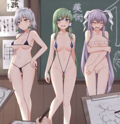 3girls animal_ears arm_under_breasts bare_arms bare_legs bare_shoulders bikini blue_eyes blurry blurry_background blush braid breasts chalkboard closed_eyes collarbone commentary drawing embarrassed eyepatch_bikini frog_hair_ornament gluteal_fold green_hair grey_eyes grey_hair hair_ornament hair_tubes hand_on_hip highres indoors long_hair maid_headdress medium_breasts micro_bikini miyo_(ranthath) modeling multiple_girls navel open_mouth purple_hair rabbit_ears reisen_udongein_inaba revealing_clothes sakuya_izayoi sanae_kochiya short_hair sketching slingshot_swimsuit snake_hair_ornament standing string_bikini sweat swimsuit thigh_gap touhou twin_braids very_long_hair