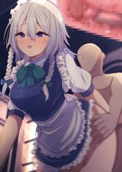 1boy apron blue_eyes blush bow braid breasts censored darumoon dress female frilled_dress frills green_bow highres indoors large_breasts looking_at_viewer maid maid_apron maid_headdress mosaic_censoring motion_blur open_mouth sakuya_izayoi sex short_hair silver_hair thighs touhou twin_braids waist_apron