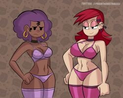 2girls bedroom_eyes bra breast_envy breast_size_difference breasts cartoon_network choker comparison dark-skinned_female dark_skin earrings eyeshadow female_only foster's_home_for_imaginary_friends frankie_foster hairpin hoop_earrings hourglass_figure huge_breasts jealous jo_(kid_cosmic) kid_cosmic_(series) large_breasts light-skinned_female light_skin lingerie long_hair looking_at_another medium_breasts medium_hair netflix panties panties_aside phamthomstrikerx pink_bra pink_panties pink_underwear purple_bra purple_hair purple_panties purple_underwear red_eyeshadow red_hair slender_waist thick_thighs thighhighs thighs thin_waist voluptuous wide_hips