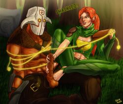 1boy bondage dave_river dota_2 feet female foot_fetish footjob juggernaut_(dota) male malesub penis red_hair windranger