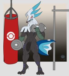 anthro anthrofied daikuhiroshiama exercise genitals hi_res humanoid_genitalia humanoid_penis legendary_pokémon male male_only muscular muscular_male nintendo nude penis pokémon_(species) pokemon silvally solo video_games weightlifting workout