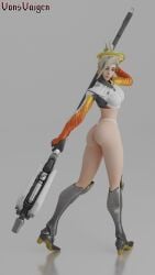 1girl 1girls 3d 3d_render adapted_costume angel angela_ziegler armor artist_name ass bare_thighs blizzard_entertainment blonde_hair blue_eyes boots breasts clothing female female_only footwear from_behind full_body gloves gold_heels gun halo high_heel_boots high_heels high_ponytail holding holding_gun holding_weapon knee_boots lips long_hair looking_at_viewer looking_back makeup mechanical_halo medium_breasts mercy mole_on_ass no_pants overwatch overwatch_2 ponytail reflection ring simple_background smile solo staff standing thighs thong underwear vonsvaigen weapon white_background white_panties