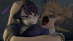 2girls 3d aledeko arm_under_breasts black_hair blonde_hair blush breasts clothed clothing confused_look confusion drooling duo female hand_on_head himiko_toga komi-san_wa_komyushou_desu komi_shouko large_breasts light-skinned_female light_skin my_hero_academia open_mouth purple_eyes saliva saliva_string school_uniform schoolgirl tongue tongue_out vore worried_expression yellow_eyes