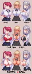 3koma areolae big_breasts black_bra black_skirt blonde_hair blush blushing_at_viewer bowtie bowtie_collar bra breasts button_down_shirt button_gap cleavage dark-skinned_female different_poses elf elf_female embroidered_bra english_text exposed_breasts female female_focus female_only fully_clothed green_eyes grey_hair hololive hololive_fantasy hololive_japan hourglass_figure houshou_marine human in_heat inverted_nipples large_breasts light_purple_bra looking_at_viewer necktie nipples otk ponytail presenting presenting_breasts purple_bra red_bra red_eyes red_hair seductive seductive_smile shiranui_flare shirogane_noel short_hair silver_hair simple_background skirt text tied_hair topless topless_female unbuttoned unbuttoned_shirt upper_body virtual_youtuber voluptuous yellow_eyes youtube youtuber