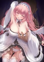 1boy azur_lane blush breast_grab breasts chained chained_wrists chains cleavage detached_sleeves dress female frilled_dress frills grabbing grabbing_from_behind highres large_breasts long_hair niboshin_(usagi_drive) panties perseus_(azur_lane) pink_eyes pink_hair pussy see-through spread_pussy thighhighs twintails underwear very_long_hair white_dress white_legwear white_panties wide_sleeves