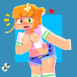 1:1 1girls 3d 3d_(artwork) amber_green_(slipperyt) areola areolae ass bangs belly big_ass big_breasts blocky_body blue_background blush breasts breasts_out clothed clothing crop_top curvaceous curvy eyelashes female female_only flashing flower flower_in_hair freckles ginger green_eyes hair hair_bun hair_ornament heart hi_res highres horny_female humanoid large_breasts light-skinned_female light_skin long_hair looking_at_viewer mine-imator minecraft navel nipples open_mouth open_smile orange_hair outside shorts simple_background slipperyt socks solo solo_female standing tagme teeth thick_thighs thighs tongue tongue_out wide_eyed wide_hips