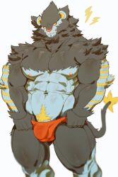 5_fingers abs absurd_res anthro anthrofied bara biceps big_biceps big_bulge big_muscles big_pecs biped black_body black_fur black_hair black_mane black_tail blue_body blue_fur body_hair bulge chest_tuft clothed clothing fangs felid feline fingers fur hair hi_res huge_bulge huge_muscles jockstrap looking_at_viewer luxray male male_only mammal mane monochrome_kg multicolored_body multicolored_fur muscular muscular_anthro muscular_male navel nintendo nipples obliques pecs pink_nose pokémon_(species) pokemon pokemon_(species) pokemorph pupils red_clothing red_sclera red_underwear simple_background smile solo standing stripes teeth topless triceps tuft two_tone_body two_tone_fur underwear video_games yellow_eyes yellow_nipples yellow_stripes