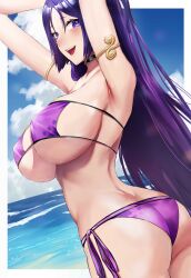 1girls big_breasts breasts eyepatch_bikini fate/grand_order fate_(series) female female_only hair_ornament huge_breasts large_ass long_hair looking_at_viewer looking_back mature_female milf minamoto_no_raikou_(fate/grand_order) minamoto_no_raikou_(swimsuit_lancer) outdoors purple_eyes purple_hair rororo solo