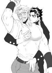 arm_cuffs bared_teeth baring_teeth beard blush brunet clothed crotch_grab embarrassed from_behind gakuran gloves grandfather_and_grandson gritting_teeth grope groping groping_chest groping_crotch groping_from_behind groping_pecs hands hands_above_head incest jojo's_bizarre_adventure joseph_joestar jotaro_kujo magojiji male_only monochrome muscles muscular muscular_arms muscular_male old_joseph older_male over_clothes over_pants pectoral_bulge pectoral_grab pectoral_squeeze pectorals prosthetic_hand salt_and_pepper_hair stardust_crusaders surprised surprised_expression sweat sweating through_clothes touching_penis waist_up wrinkles yaoi younger_male