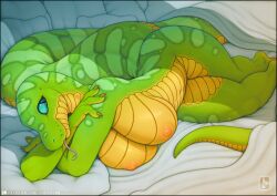 anthro ass blanket blue_eyes breasts cleavage eyelashes female female_only green_body green_scales hips humanoid lizard lizard_humanoid long_tail looking_at_viewer looking_back naked nude nude_female pillow pillows reptile reptile_humanoid scales smile smiling snake snake_girl snake_humanoid snake_tail snake_tongue tail thick_thighs thighs vader-san