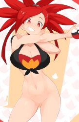 1girls bottomless breasts cleavage flannery_(pokemon) flannery_(pokemon_oras) jellcaps large_breasts pokeball pokemon pussy red_eyes red_hair solo