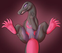 2022 absurd_res anus conditional_dnp feet female feral genitals hand_on_leg hi_res inviting itsdraconix looking_at_viewer lying nintendo nude on_back pink_body pink_eyes pink_skin pokémon_(species) pokemon pokemon_(species) pussy reptile salazzle scalie signature solo spread_legs spreading teeth tongue video_games watermark