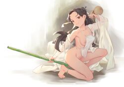 bamboo barefoot bigrbear black_hair breasts brown_eyes female female gourd hair_ornament holding_gourd kneeling long_hair looking_at_viewer medium_breasts navel nipples original solo toes