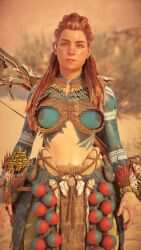 1girls 3d accurate_art_style aloy alternate_costume areolae bodypaint braided_hair breasts canon clipping female female_only glitch horizon_forbidden_west horizon_zero_dawn medium_breasts midriff navel nipples official_art official_style orange_hair outdoors outside painted_breasts playstation red_hair solo sony_interactive_entertainment topless