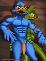 absurd_res anthro avian beak bird blush bodily_fluids digital_media_(artwork) duo erection falco_lombardi feathers genital_fluids genitals hi_res k9player_(artist) leaking leaking_precum leon_powalski lizard male male/male male_only nintendo nipples nude open_mouth penis precum reptile scalie simple_background smile star_fox video_games