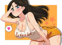 bare_shoulders bent_over blue_eyes breasts brown_hair cleavage collarbone eyebrows eyebrows_visible_through_hair female female_focus girls_und_panzer hand_in_own_hair hand_on_thigh heart hooters huge_breasts kani_club large_breasts long_hair looking_at_viewer midriff navel no_legwear nonna nonna_(girls_und_panzer) short_shorts shorts smile solo spoken_heart star_(symbol) thighs