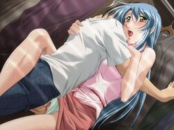 blue_eyes blue_hair blush female game_cg green_panties hug long_hair male open_mouth panties panties_aside pubic_hair pussy pussy_juice sagara-san'chi_no_etsuraku_life sagara_arisa sagara_family saliva sex skirt skirt_lift straight sweat uncensored underwear vaginal_penetration yamane_masahiro yellow_eyes zyx