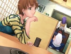 1boy 2girls artist_request brown_eyes brown_hair clothing earrings emiya_shirou face_in_ass fate_(series) fujimura_taiga hidden implied_cunnilingus kitchen long_hair matou_sakura oblivious purple_hair red_hair short_hair skirt stealth_sex straight white_skin