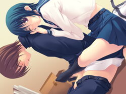 akamaru belt blue_hair brown_hair censored dutch_angle feet footjob footjob_with_legwear footwear game_cg kamisama_no_iutoori midriff penis pink_eyes sakura_hibiki_(kamisama_no_iutoori) school_uniform seifuku serafuku short_hair skirt smile sockjob socks wink