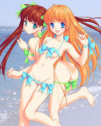 2girls ass barefoot beach blue_eyes breasts feet female female_only green_eyes miyama_amehiko miyama_kannon multiple_girls naked_ribbon nipple_slip nipples nude pussy ribbon ribbons soles toes uncensored vowzmen