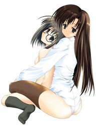 2girls ass back black_kneehighs black_legwear blouse bottomless breasts brown_eyes brown_hair brown_legwear brown_thighhighs female footwear glasses hug kneehighs kneeling kurihara_touko long_hair looking_back multiple_girls no_pants nude panties sakaki_shinobu short_hair sideboob sitting socks tenshi_no_inai_12-gatsu thighhighs topless underwear yuri