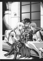 1boy 2girls artist_request avenger bazett_fraga_mcremitz breasts caren_ortensia fate/hollow_ataraxia fate/stay_night fate_(series) female full_body_tattoo highres male monochrome straight tattoo