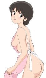 1girls 2001 apron apron_only ass backless_outfit breasts brown_eyes brown_hair curvaceous fair-skinned_female fair_skin female female_only highres human kozue_nanao light-skinned_female light_skin looking_at_viewer looking_back maison_ikkoku medium_breasts naked_apron no_panties nude short_hair sideboob smile solo solo_focus tsukiyo_no_ribbon white_background wide_hips