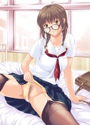 arm_support bag black_legwear black_thighhighs blouse blush braid brown_eyes brown_hair censored garter_belt glasses kimi_kiss lingerie long_hair lowres miniskirt mizusawa_mao mosaic_censoring nazuki_haruto neckerchief panties pleated_skirt pubic_hair school_bag school_uniform seifuku serafuku sitting skirt solo spread_legs stockings thighhighs twin_braids underwear yellow_panties