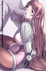 1boy 1girls arms_behind_back blush bodysuit breasts censored cum cum_in_mouth fellatio ken_marinaris large_breasts long_hair open_clothes open_shirt oral penis pink_hair red_hair shirt sitting solo tasaka_shinnosuke watermark wink zone_of_the_enders