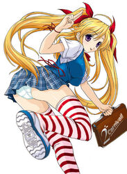 :p bag blonde_hair blouse blue_catty bowtie hair_ribbon legs long_hair looking_back map_(artist) panties pantyshot plaid plaid_skirt pleated_skirt purple_eyes red_legwear red_thighhighs ribbon running school_bag school_uniform seifuku serafuku shoes skirt sneakers solo striped striped_legwear striped_thighhighs tartan thighhighs tied_hair tongue twintails underwear uwabaki vest white_panties