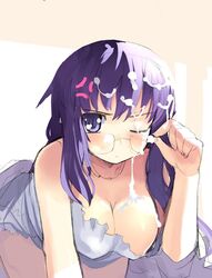 angry breasts cleavage cum cum_on_body cum_on_breasts cum_on_glasses cum_on_hair cum_on_upper_body facial glasses original purple_eyes purple_hair sikorsky wink