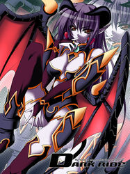 armor astaroth astaroth_(shinrabanshou) black_sclera blue_skin clothing demon_girl demon_horns demon_wings earrings female_only fully_clothed heart horns jewelry lowres miyane_aki_(radical_dash) purple_hair reclining shinrabanshou solo solo_female tail wings