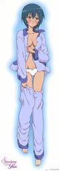 1girls barefoot bed_sheet blue_hair blush bow bow_panties breasts brown_eyes dakimakura female highres lying navel no_bra on_back ootori_amane open_clothes open_shirt pajamas panties shirt short_hair solo strawberry_panic strawberry_panic! tomboy underwear white_panties