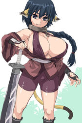 1girls asanagi bike_shorts breasts cute_fang fatalpulse female huge_breasts karura_(utawarerumono) large_breasts looking_at_viewer solo utawarerumono