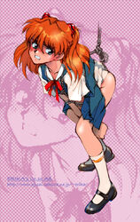 asuka_langley_sohryu blue_eyes blush bondage bound_wrists clothes clothing crotch_rope female female_only footwear hair_ornament hairclip human mary_janes neon_genesis_evangelion pleated_skirt red_hair rope school_uniform seifuku serafuku shibata_masahiro shoes skirt socks solo straight_hair white_legwear white_socks