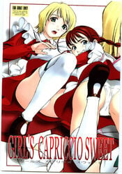 2girls apron arika_yumemiya ass blonde_hair blue_eyes blush braid brooch cover dress erstin_ho female female_only green_eyes jewelry jpeg_artifacts leaning_back long_hair looking_back lying multiple_girls my-hime my-otome on_stomach panties pantyshot pantyshot_(lying) red_dress red_hair short_hair sitting thighhighs twin_braids underwear uniform upskirt white_legwear white_panties white_thighhighs