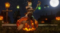 black_bra black_sleeves black_stockings blonde_hair broom celne draenei feline female halloween headless_horseman jack-o'-lantern lamppost lightforged_draenei looking_at_viewer morilymory night_sky pumpkin warcraft white_skin witch_broom witch_hat world_of_warcraft