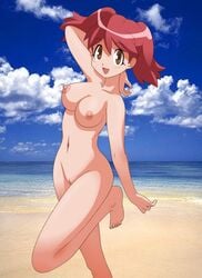 1girls arm_behind_head arm_up barefoot beach blush breasts brown_eyes cloud female hinata_natsumi keroro_gunsou navel nipples nude open_mouth pussy red_hair solo tied_hair twintails uncensored