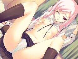 1girls black_legwear black_socks blouse blush bra bra_lift breast_grab breasts cameltoe clothing dutch_angle female flower footwear game_cg hair_flower hair_ornament hairpin kawata_hisashi kneehighs lace-trimmed_bra lingerie long_hair lucy_maria_misora navel nipple_tweak nipples panchira panchira_(sitting) panties pantyshot pantyshot_(sitting) pantyshot_sitting pink_eyes pink_hair pleated_skirt ribbon see-through shirt shirt_lift sitting skirt small_breasts socks solo to_heart_(series) to_heart_2 to_heart_2_xrated underwear white_bra white_legwear white_socks wince