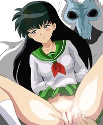 1boy 1girls arms_behind_back black_hair blush cleft_of_venus clothed clothes color fat_mons fingering footwear glow grey_eyes hair hairless_pussy half-closed_eyes innie_pussy inuyasha jewel kagome_higurashi labia labia_majora long_hair male miniskirt mons_pubis naraku no_panties pussy pussy_lips pussy_slit school_uniform schoolgirl seifuku serafuku shirt simple_background skirt skirt_around_belly skirt_lift socks spread_legs tsukiyo_no_ribbon uncensored vibrator vulva vulva_line white_background white_socks