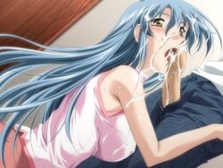 blue_hair blush cum cum_on_hair facial game_cg green_eyes licking long_hair penis sagara-san'chi_no_etsuraku_life sagara_arisa sagara_family saliva solo uncensored yamane_masahiro yellow_eyes zyx