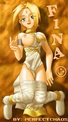 1girls bananagaari blonde_hair blush breasts dress facial_mark female fina_(skies_of_arcadia) forehead_mark green_eyes nipples open_mouth pantyhose pantyhose_pull sand sega short_hair skies_of_arcadia solo undressing white_legwear