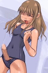 1futa artist_request blush brown_hair censored closed_eyes futa_sans_balls futanari intersex long_hair mosaic_censoring one-piece_swimsuit penis school_swimsuit solo_futa sukumizu_flap swimsuit wet