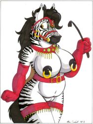 anthro breasts equine female furry genitals long_gloves marc_leonhardt nipple_rings nipples pierced_nipples piercings pussy riding_crop solo solo_female vagina zebra