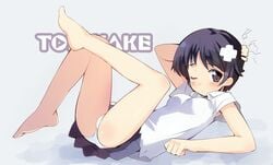 bandages barefoot black_eyes black_hair feet konno_makoto lying pain panties pantyshot pantyshot_(lying) short_hair sikorsky skirt solo the_girl_who_leapt_through_time toki_wo_kakeru_shoujo underwear white_panties wink