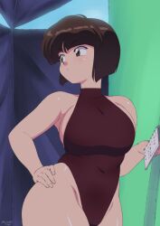 1girls 2021 brown_hair curvaceous expressionless hand_on_hip holding_notebook large_ass large_breasts mage_(harumagedon) nabiki_tendo one-piece_swimsuit ranma_1/2 short_hair solo thick_thighs voluptuous