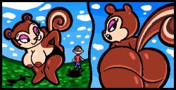 animal_crossing anthro ass big_breasts big_butt bra breasts bubble_butt butt_crack clothing comic dark_nipples digital_media_(artwork) duo female hanging_breasts huge_breasts human male male/female mammal nintendo panties pecan_(animal_crossing) pixel_(artwork) pixelcap presenting presenting_hindquarters rodent sciurid thick_thighs tree_squirrel underwear villager_(animal_crossing)